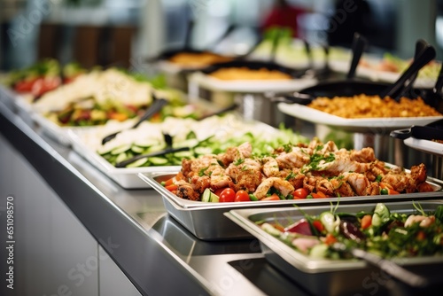 Hot buffet food in restaurant serving trays