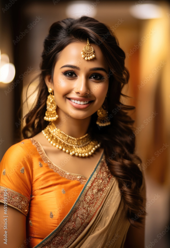 Portrait of Beautiful Indian woman in saree and jewellery. Stock Photo ...