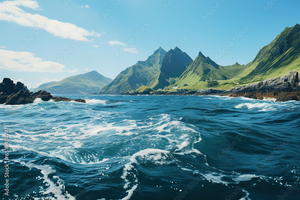 Beautiful seascape with mountains, sea, and blue sky. 