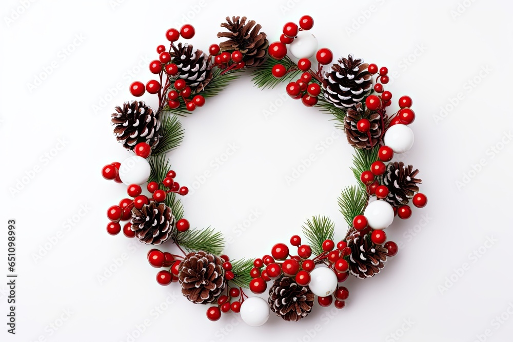 A Christmas wreath with red berries and pine cone, with a white background. Generative AI A Christmas wreath with red berries and pine cone, with a white background. Generative AI