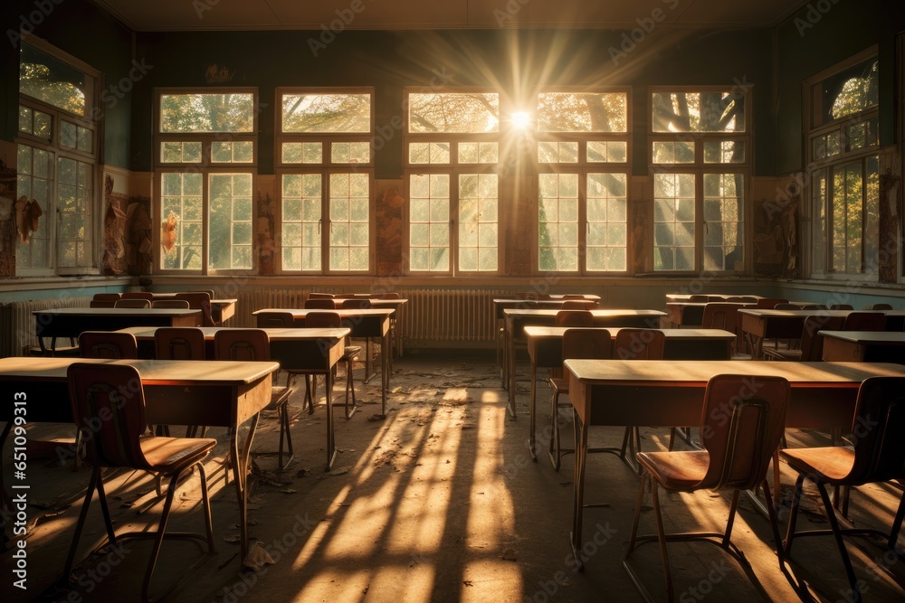 Empty, classrooms with sunshine, coming through windows