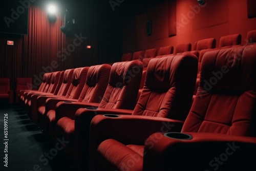 Empty red cinema seats with rows of comfortable armchairs in a theater. Generative AI
