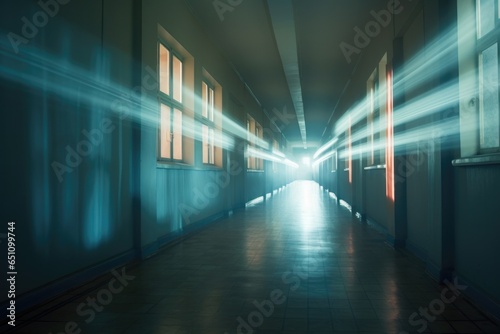 Colourful empty school corridor with light trails
