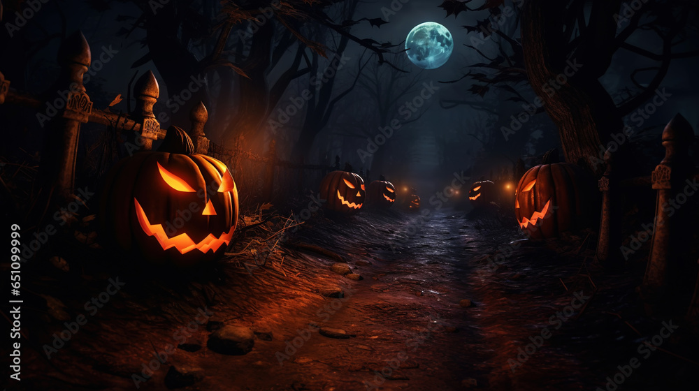 Moonlit path in the forest with pumpkins on the sides, mist over ground. Halloween concept. Generative AI Moonlit path in the forest with pumpkins on the sides, mist over ground. Halloween concept. Generative AI