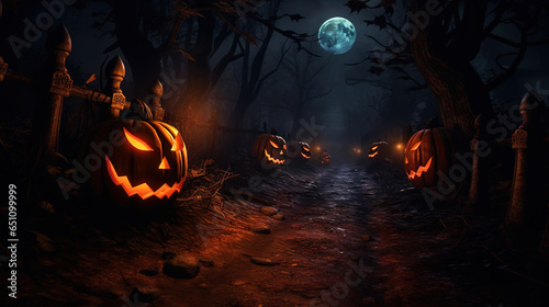 Moonlit path in the forest with pumpkins on the sides  mist over ground. Halloween concept. Generative AI