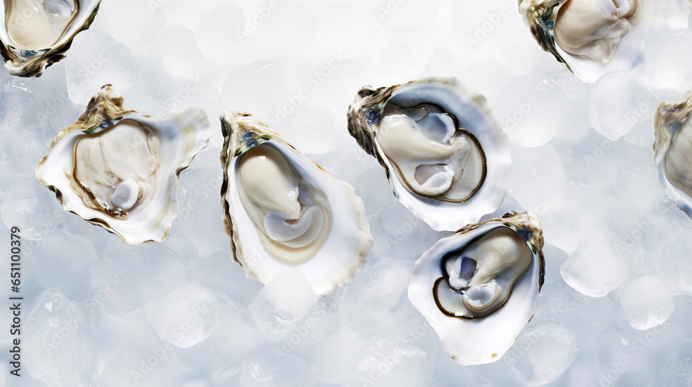 Top view on fresh oysters laying on crushed ice. Seafood background. Generative AI Top view on fresh oysters laying on crushed ice. Seafood background. Generative AI