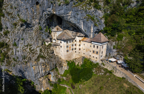 Aerial view of Pradjama Castle and village. Postojna Slovenia