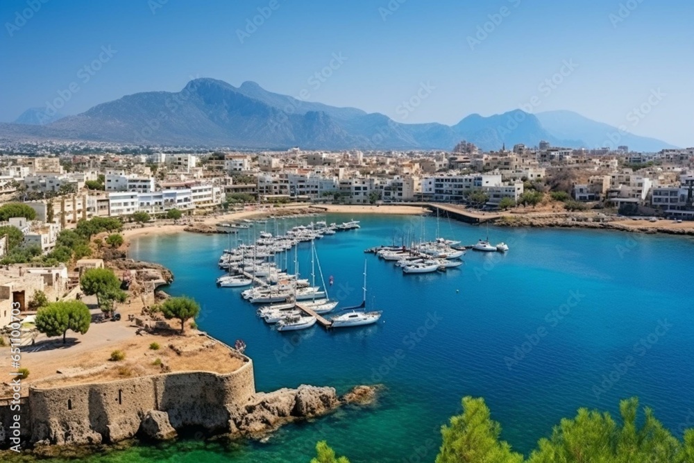 Panoramic view of Kyrenia old harbour on the coast of Cyprus. Kyrenia seaside of Mediterranean Sea, Cyprus. Famous places and travel destination of Kyrenia, Cyprus. Generative AI