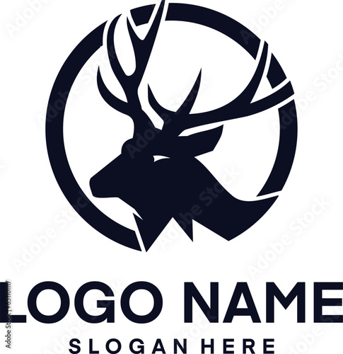 unique deer circular logo design icon, deer head circular icon, geometric deer logo concept, rain deer illustration