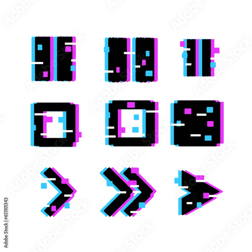 Glitch effect dynamic retro VHS set. TV false or spurious electronic signal. Vector illustration isolated on white background. Play, stop and pause sign