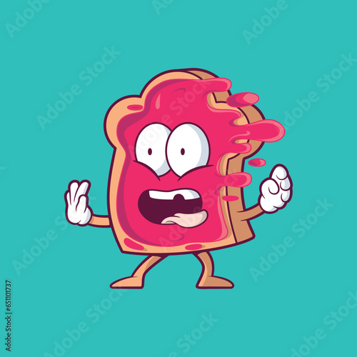 Slice of Bread character with jam on his face vector illustration. Funny, food, mascot design concept.