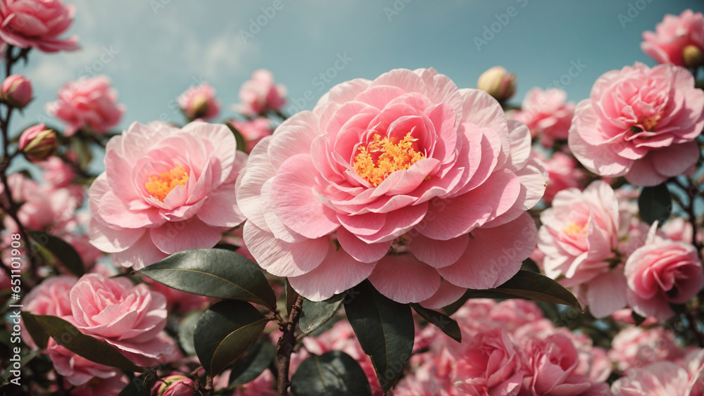 Camellia flower blooming in the garden on blue sky background Camellia flower blooming in the garden on blue sky background