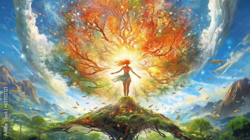 shamanism meditation in nature, relax gaia lady spiritual feminine tree of life - by generative ai