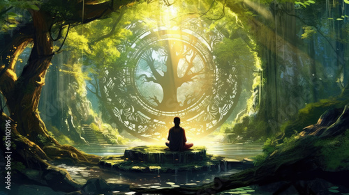 buddha meditation in the forest, spiritual zen nature - by generative ai