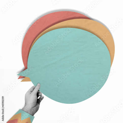Male hand holding speech bubbles with copyspace, contemporary collage. Manipulation of public opinion, mass media, elections, concept