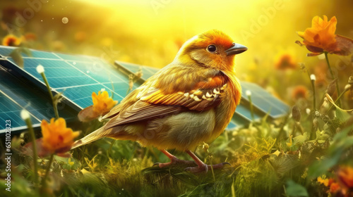 robin on grass, solar panel ecology - by generative ai © CEVmemories