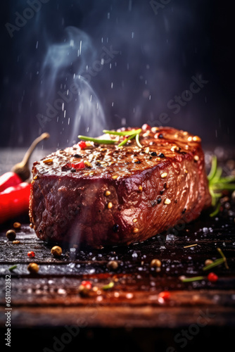 A Lamb steak with vegetables and meat on a grill photo