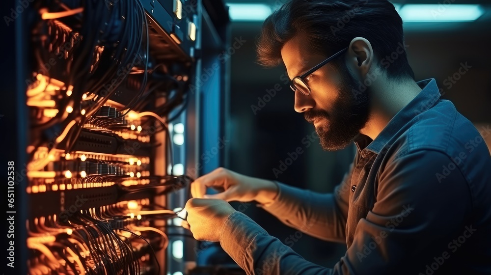 IT Professional male network are connecting cables in server cabinet while working in big data center.