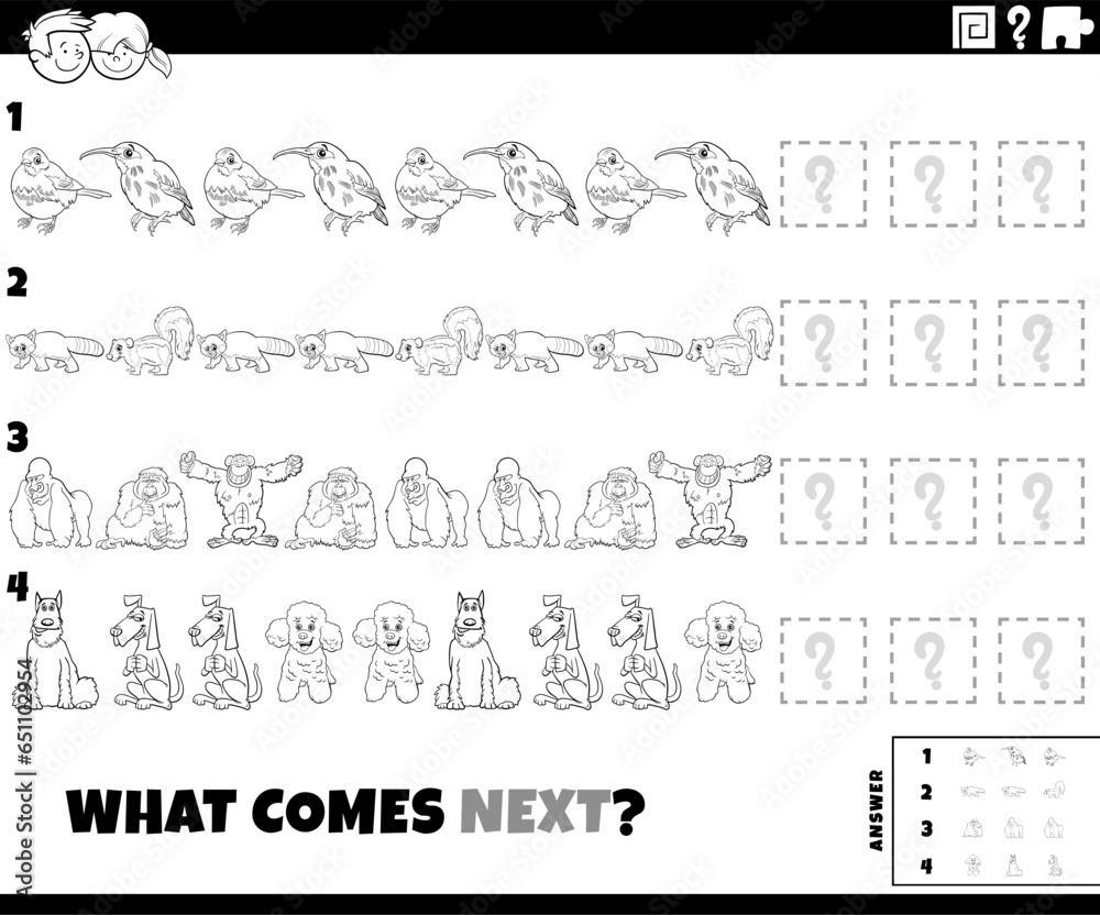 educational pattern activity with cartoon animals coloring page