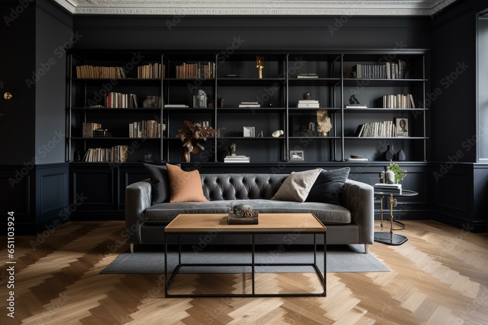 Oak wood bookcase, black leather sofa, French oak parquet floors. Generative AI
