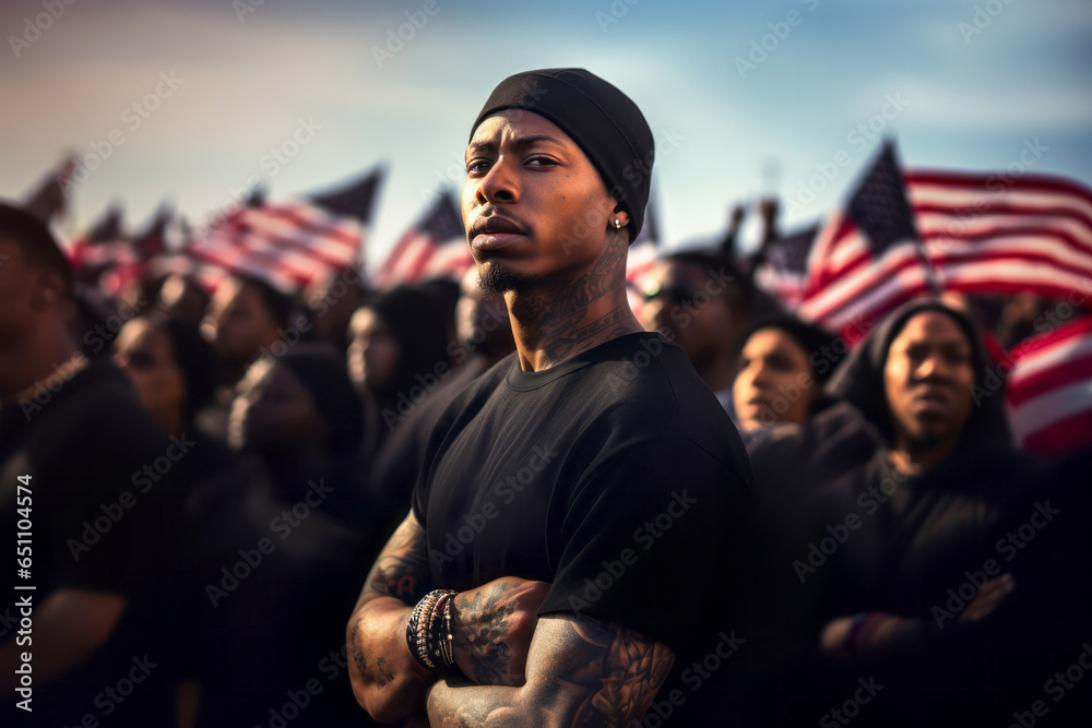 African American determined activist rebel in a crowd, proud, strong and confident, fights and protests against racism and racial discrimination, for change, justice, equality - Black Lives Matter