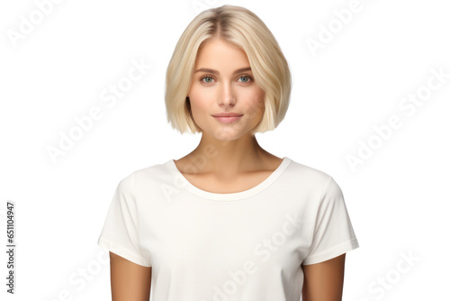 Charming Bob-Haired Blonde: Portrait of a Stylish Young Woman in a Simple White T-Shirt, Isolated on White with Copy Space.