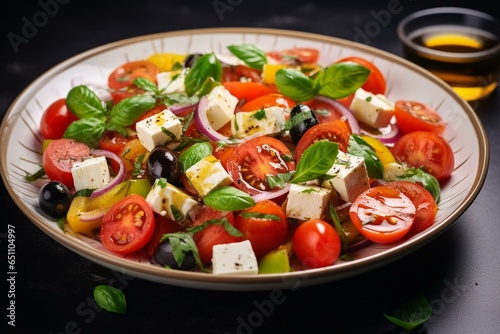 Refreshing summer salad with feta, tomatoes, basil, and olive oil on a pale background. Generative AI