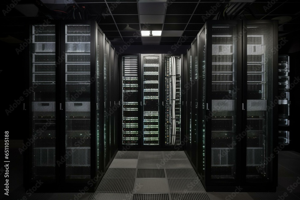 Rows of computer equipment in a data center, with disks for storage. Generative AI