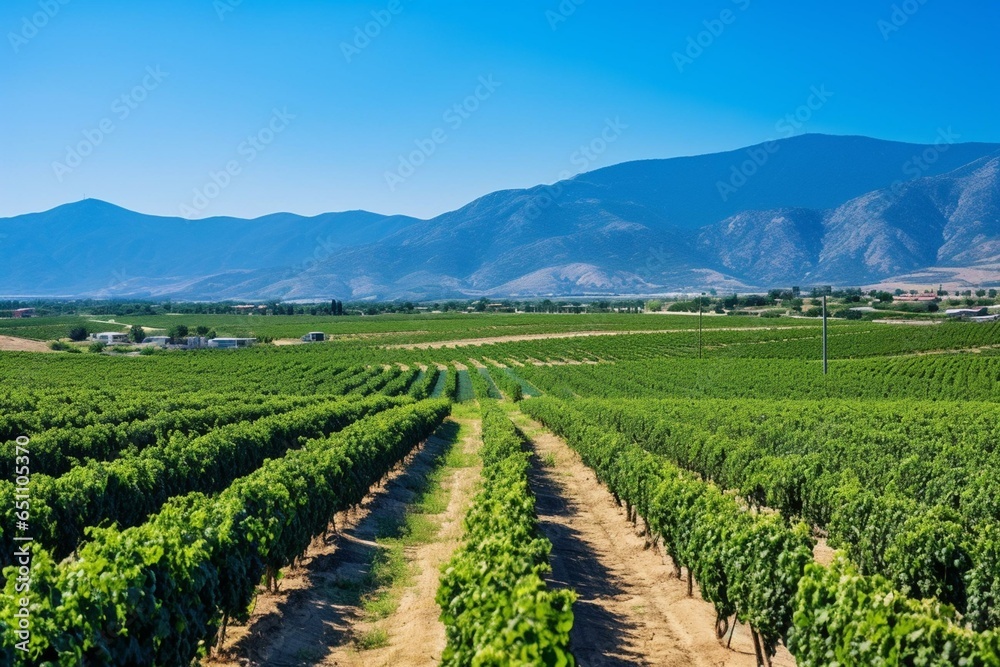 vast landscape with black currant bushes amidst rows of fruit plantations under a clear blue sky. Generative AI