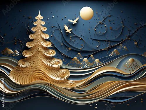 Christmas card with dark blue and gold wave background, with golden Christmas tree. AI digital art