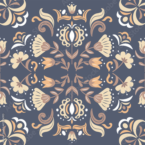 Seamless geometric ethnic pattern flowers in Scandinavian or Slavic style. Floral symmetrical vintage motif. For wallpaper, fabric, wrapping, background.