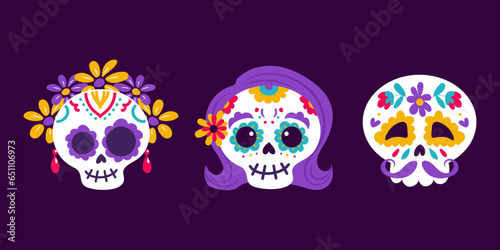 Day of the Dead. Dia de Muertos. A set of festive skulls decorated with flowers and drawings. Earrings, wreath, mustache. Catrina, the garbancera skull, the festive skeleton. Vintage style.