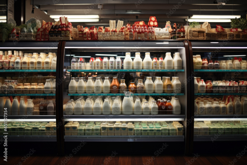 Dairy department in a supermarket, grocery store