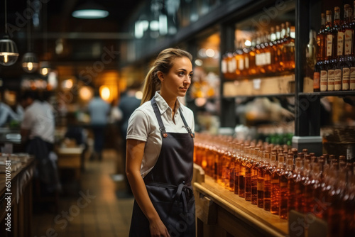 Saleswoman in apron, on background of grocery department of store.