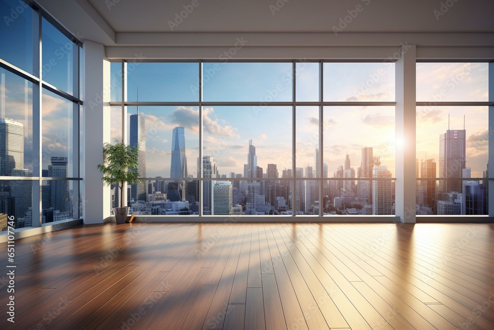 Fototapeta premium Spacious room with skyscrapers view, overlooking downtown skyline and beautiful real estate. Daytime scene. Generative AI