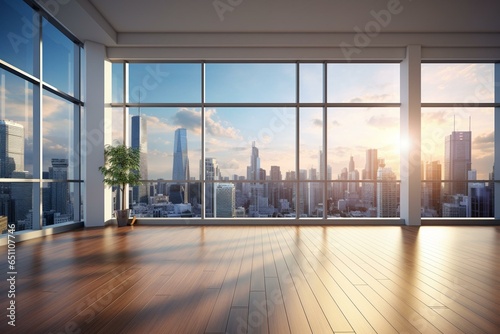 Spacious room with skyscrapers view, overlooking downtown skyline and beautiful real estate. Daytime scene. Generative AI