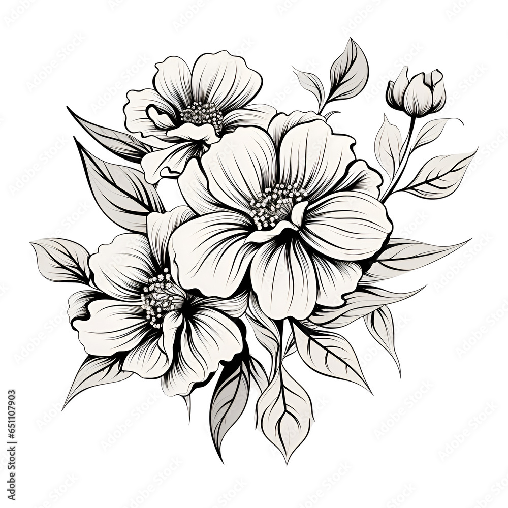 Floral black line art ink drawing with label on light grey elemen