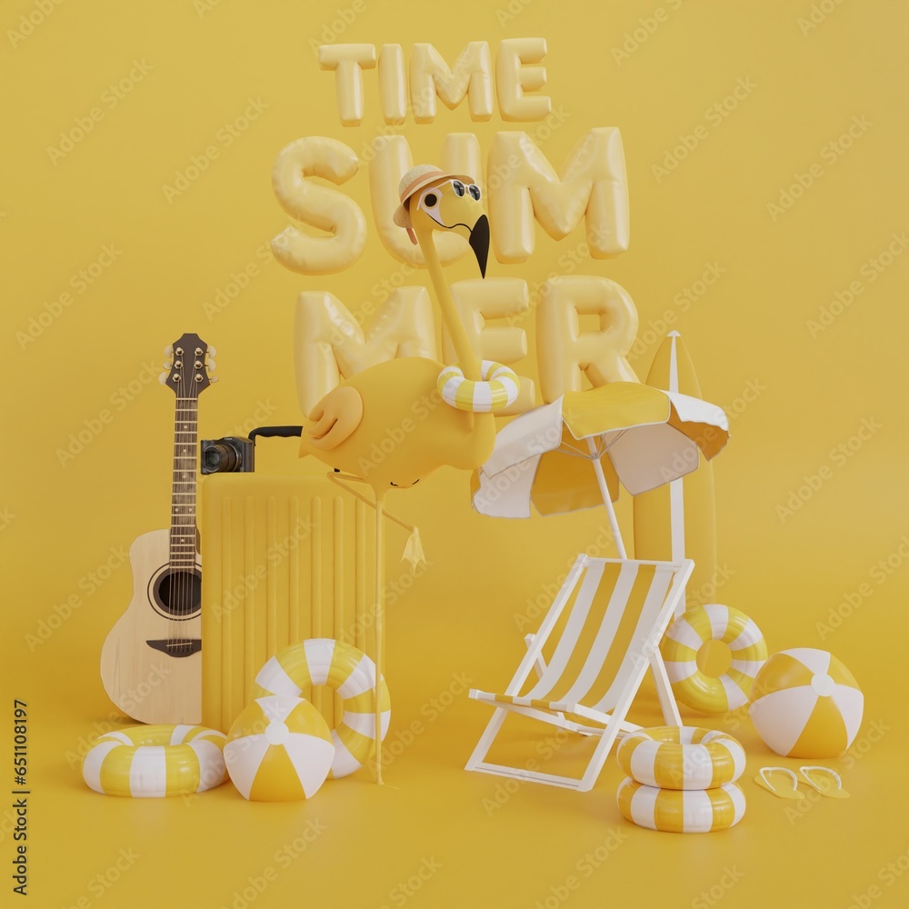 Fototapeta premium suitcase and Flamingo illustration. Top view Beach umbrella with chairs and beach accessories on yellow background. summer vacation concept. 3d rendering.