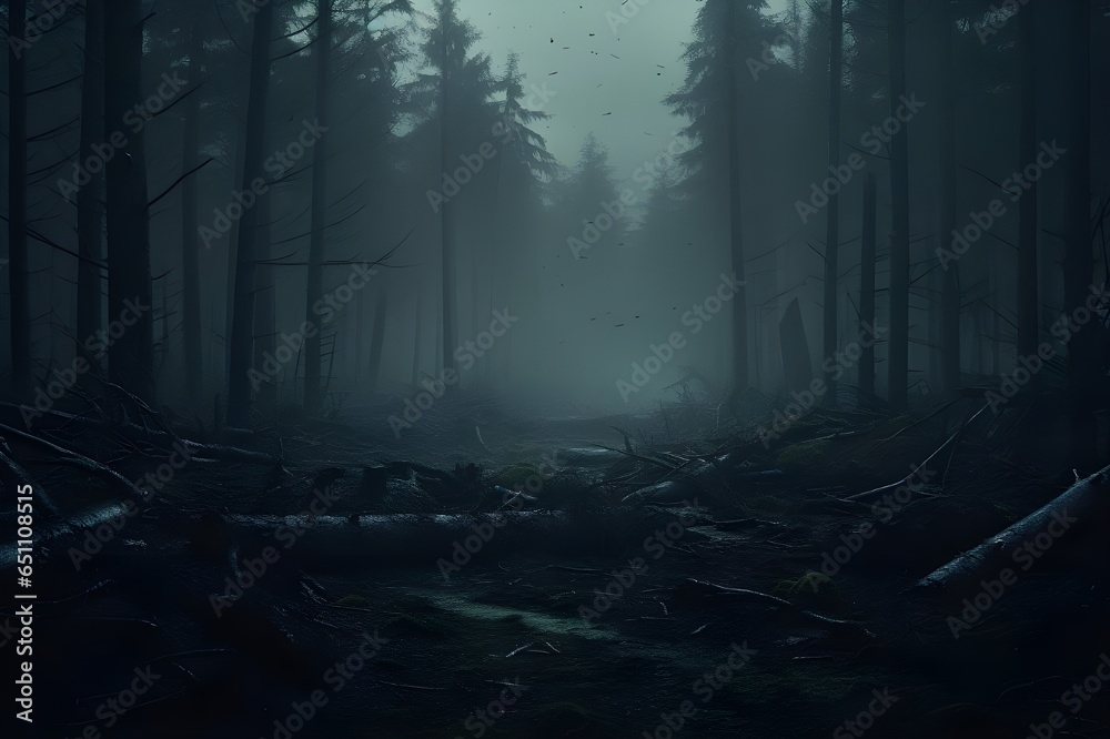 A fog-shrouded forest creating an eerie ambiance.