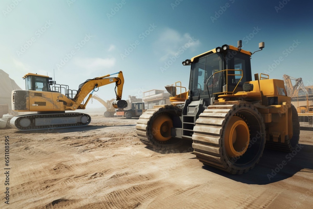 Bulldozer with augmented reality elements working on a construction site. Generative AI
