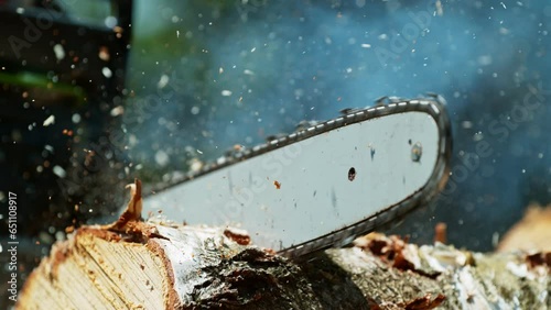 Super Slow Motion of a Chainsaw Cutting the Wooden Log. Filmed on High Speed Cinema Camera, 1000 fps. photo