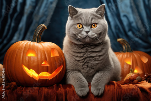 Grey British shorthair cat sitting near Halloween pumpkins