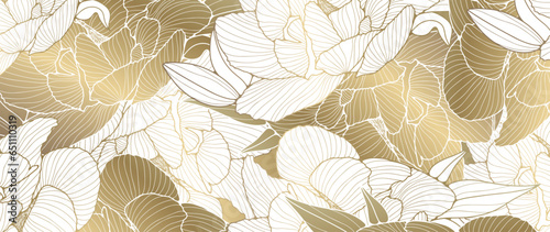 Floral luxury background with golden lush buds of peonies. Vector background for decor, wallpaper, cards and presentations, publications on social networks.