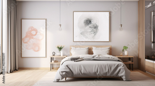 Scandinavian interior design of modern bedroom with big poster frame with white color texture © Ajit