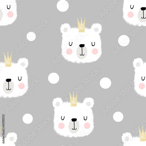 cute hand drawn white polar bear in a crown with polka dot grey background, kids seamless pattern for textile and wrapping paper