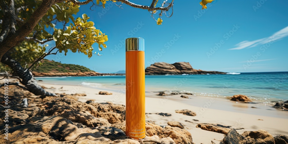 A bottle of sunscreen without inscriptions on the background of the beach