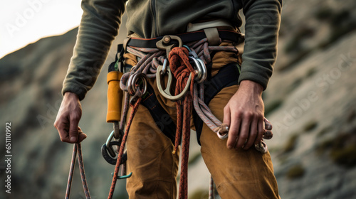 Male rock climber with climbing equipment holding rope ready to start climbing the route