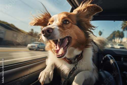 Cute playful dog riding in a car © Odin AI