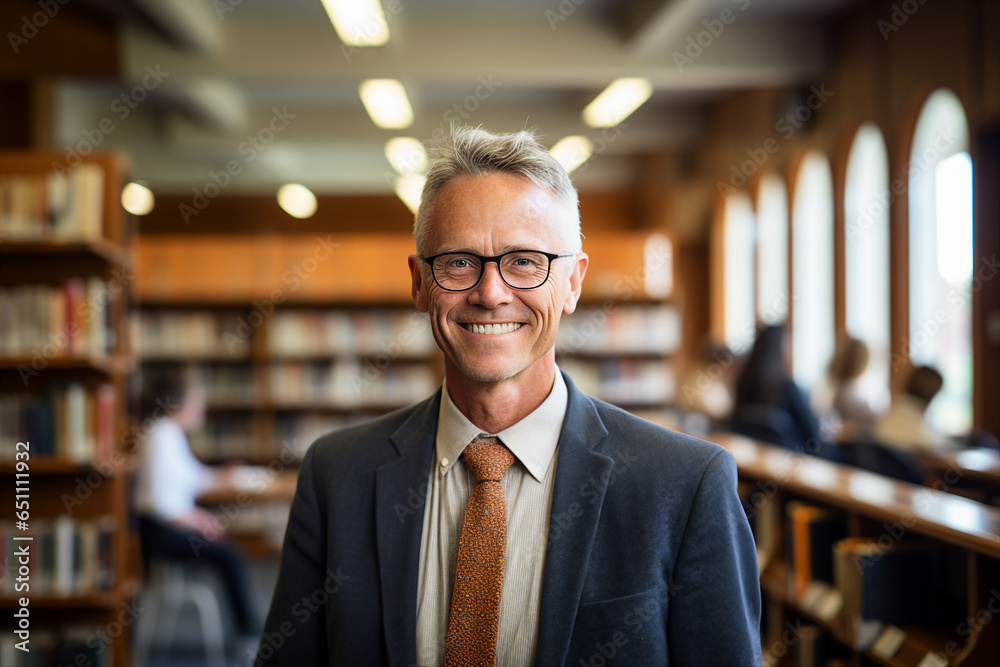 Generative AI photo portrait of happy handsome intelligent man standing in front of a library bookshelf blurred background Generative AI photo portrait of happy handsome intelligent man standing in front of a library bookshelf blurred background