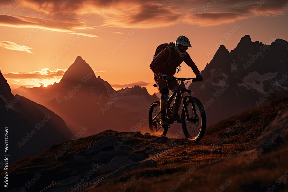 A cyclist rides a bicycle on an extreme descent. Adrenalin. Extreme sports in nature and a healthy lifestyle. A man on a mountain bike races through the mountains.
